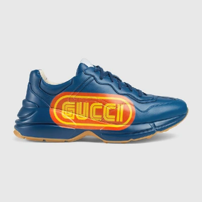 Gucci Rython Sega Leather Trainers In Blue Leather