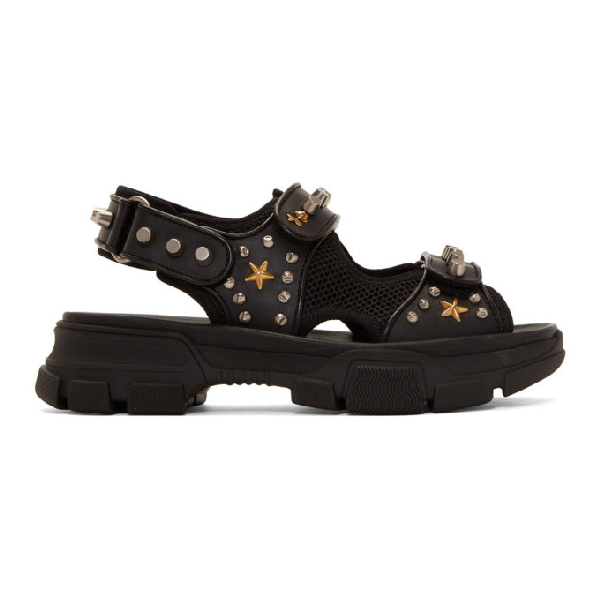 Gucci Leather And Mesh Sandal With Studs In Black | ModeSens