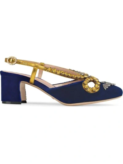 Gucci Velvet Pump With Bat And Crystals In Blue