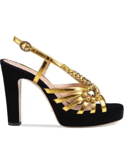 Gucci Velvet And Leather Sandal With Crystals In Black/ Gold