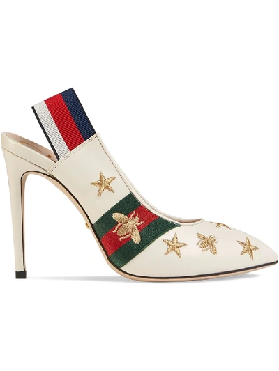 Gucci Embroidered Leather Web Slingback Pump In White