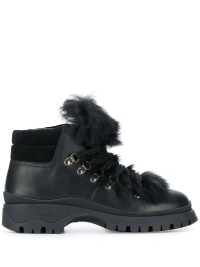 Prada Shearling-trimmed Leather Ankle Boots In Black