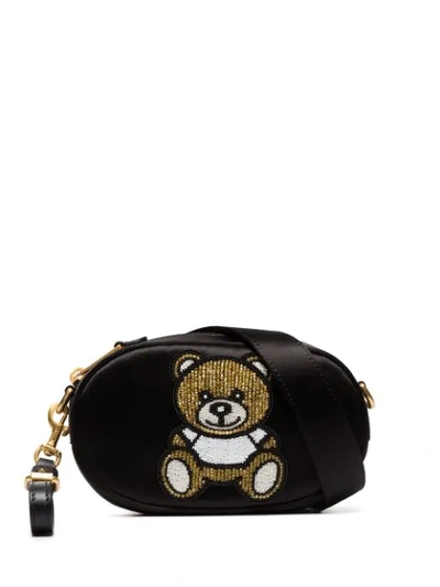 Moschino Embellished Bear Satin Belt Bag In Black