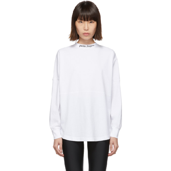 Palm Angels White Logo Long Sleeve T-shirt In White/black | ModeSens