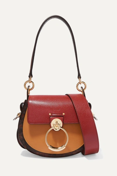 Chloé Tess Small Color-block Smooth And Lizard-effect Leather Shoulder Bag In Brown
