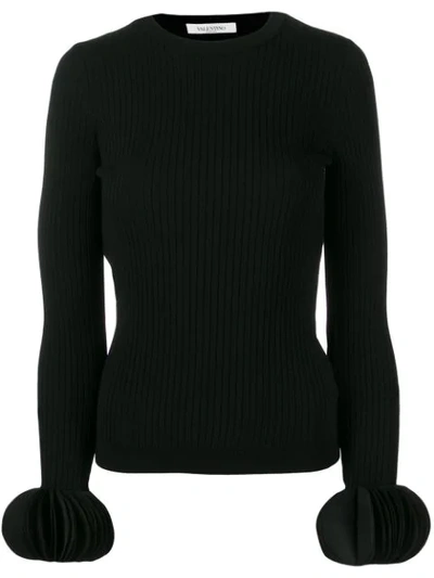 Valentino Silk Georgette-trimmed Ribbed Stretch-knit Sweater In Black