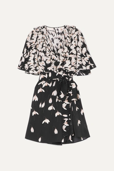 Valentino Ruffled Floral-print Silk Crepe De Chine Mini Wrap Dress In Black