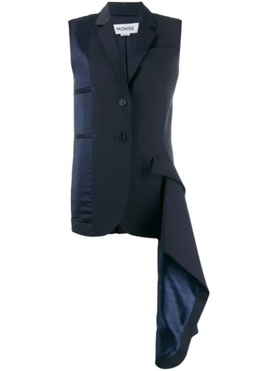 Monse Asymmetric Distressed Pinstriped Satin And Wool-blend Waistcoat In Navy