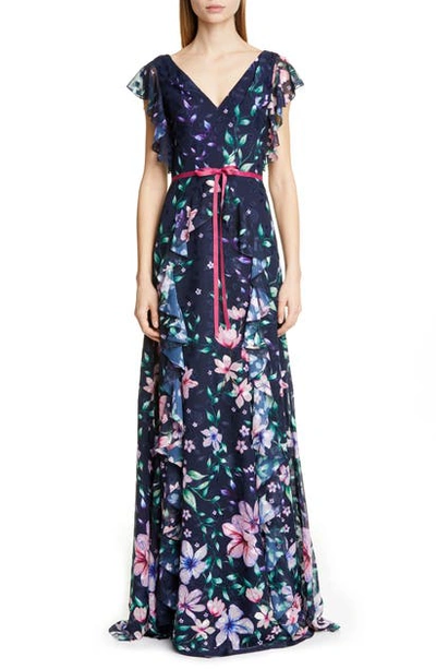 Marchesa Notte Floral Burnout Chiffon V-neck Cap-sleeve Gown W/ Ruffle Detailing In Navy