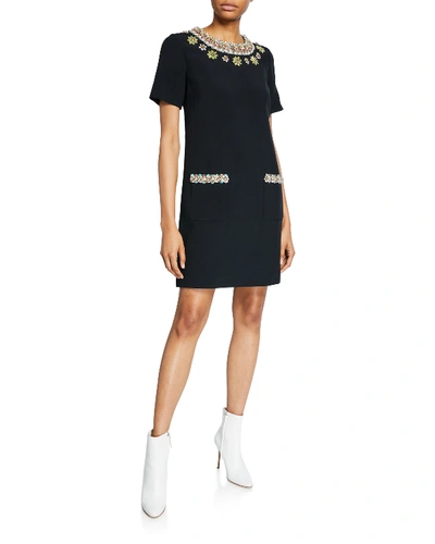 Andrew Gn Floral-jeweled Short-sleeve Dress In Black
