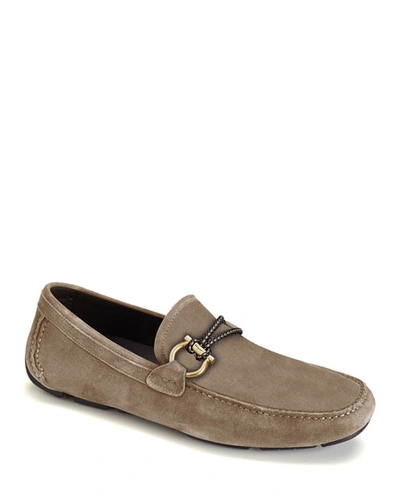 Ferragamo Men's Front 4 Suede Drivers With Braided Detail In Beige