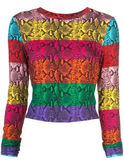 Alice And Olivia Delaina Colorblock Snake-print Crewneck Long-sleeve Crop Top In Rainbow Snake Stripe