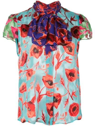 Alice And Olivia Jeannie Colorblock Floral Bow-collar Cap-sleeve Top In Poppy Garden Blue Bird