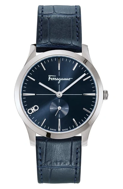 Ferragamo Men's Slim Gent 40mm Textured Leather Watch In Blue/ Silver