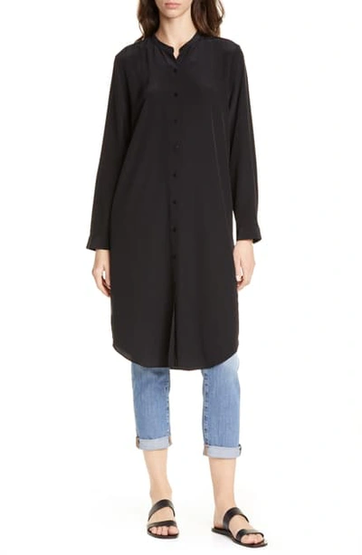 Eileen Fisher Petite Silk Crepe Button-front Long Shirtdress W/ Mandarin Collar In Black