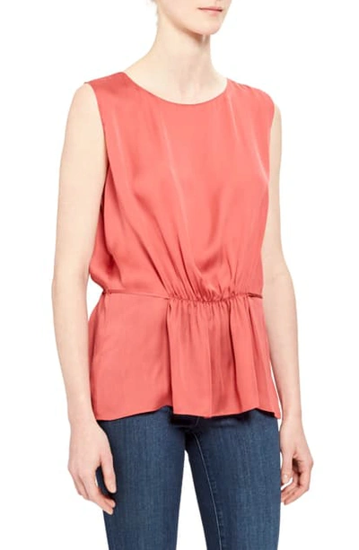 Theory Shirred Silk Sleeveless Top In Light Cranberry