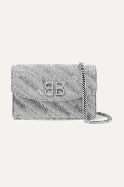 Balenciaga Bb Logo Glittered Leather Shoulder Bag In Silver