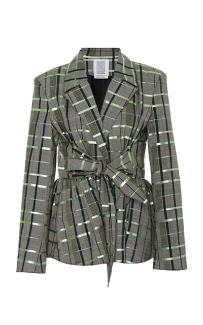 Rosie Assoulin Plaid Tie-front Peplum Wool-blend Blazer In Green