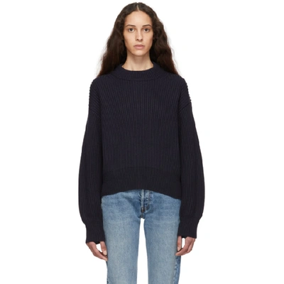 Helmut Lang Wool/cotton Ribbed Crewneck Sweater In Ink