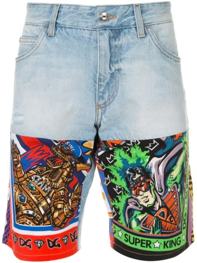 Dolce & Gabbana Denim Bermuda Shorts With Superhero King Print Cotton Inserts In Light Blue