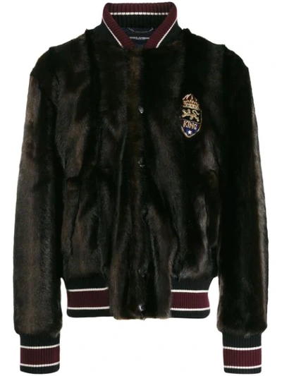 Dolce & Gabbana Faux Fur Jacket With Patch In Brown