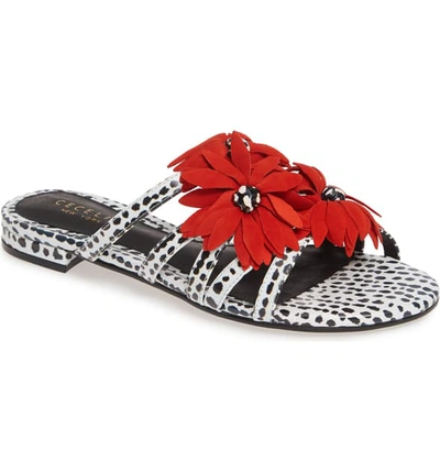Cecelia New York Flower Slide Sandal In Canna Red/ Black White Leather