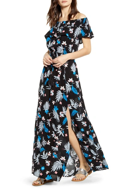Band Of Gypsies Floral Print Off The Shoulder Maxi Dress In Black/ Light Blue