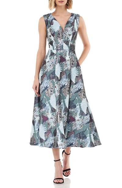 Kay Unger Sleeveless Metallic Jacquard A-line Cocktail Dress In Teal Multi