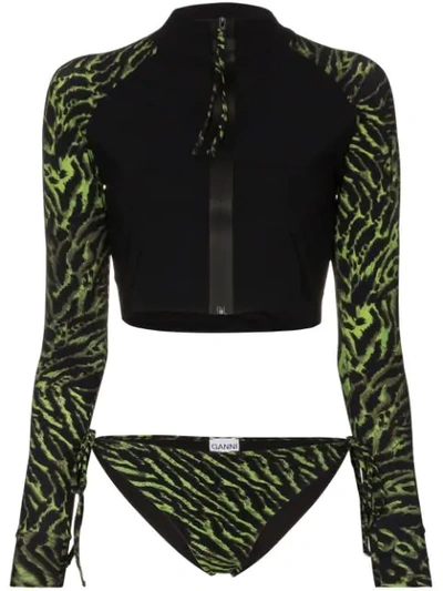 Ganni Tiger-print Long-sleeve Rashguard In Black