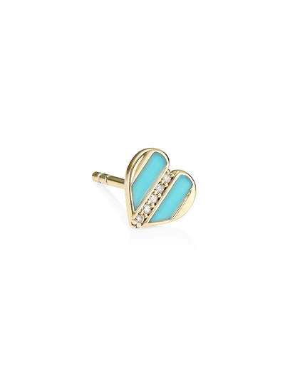 Sydney Evan 14k Yellow Gold, Diamond & Turquoise Enamel Heart Single Stud Earring