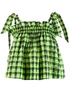 Ganni Neon Checked Cotton-blend Seersucker Top In Green