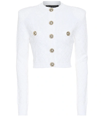 Balmain Cropped Viscose Blend Knit Jacket In White