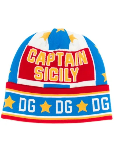 Dolce & Gabbana Captain Sicily Print Beanie Hat In Red