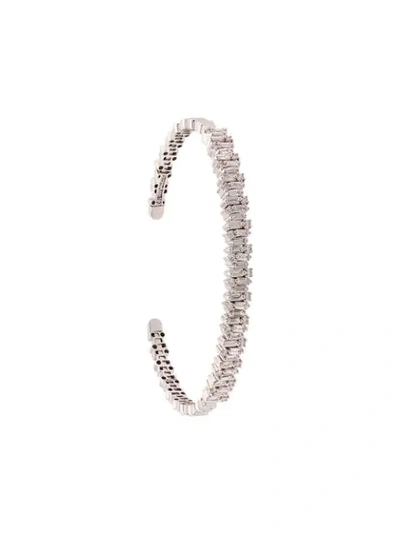 Suzanne Kalan 18kt White Gold Fireworks Diamond Baguette Cuff In Silver