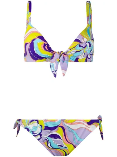 Emilio Pucci Rivera Print Tie Front Bikini In 067 Viola/lime
