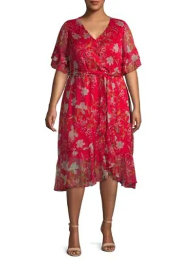 Vince Camuto Plus Floral-print Midi Wrap Dress In Coral Sunset