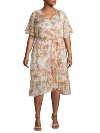 Vince Camuto Plus Floral-print Midi Wrap Dress In Pearl Ivory