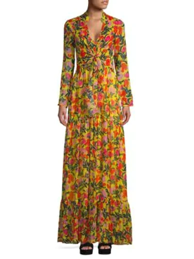 Saloni Silk Georgette Floral Long-sleeve Maxi Dress In Yellow