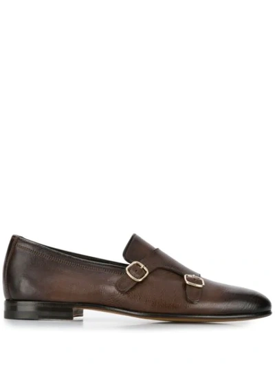 Santoni Double Monk Strap Leather Loafers In Brown