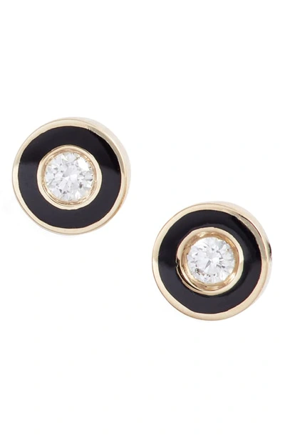 Ef Collection Enamel Diamond Stud Earrings In Yellow Gold/ Black