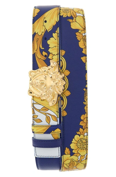 Versace Men's Heritage Stamp Crete  De Fleur Belt In Cobalt Blue/multi/gold