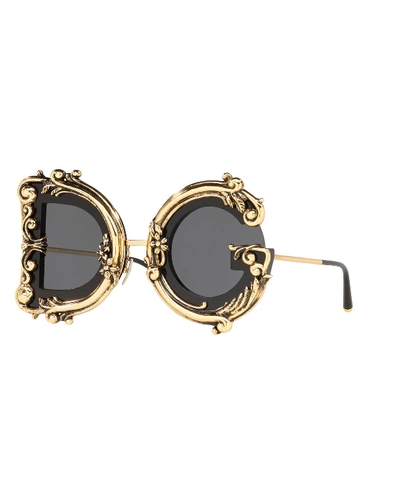 Dolce & Gabbana Baroque D & G Round Sunglasses In Black/gold