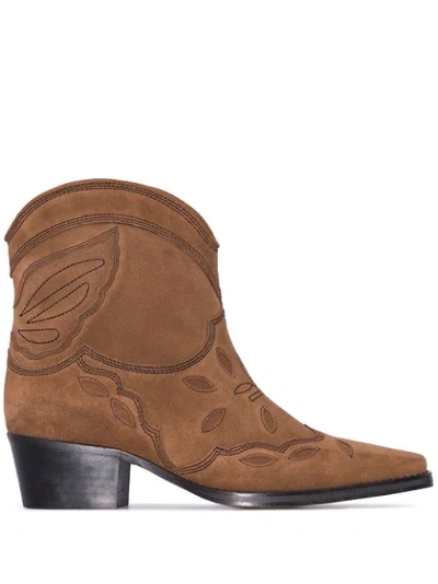 Ganni Low Texas Embroidered Suede Ankle Boots In Tan