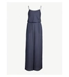 Theory Silk Combo Ribbed-waist Wide Leg Jumpsuit In Blue Grey