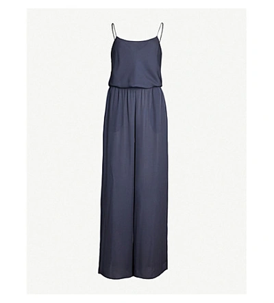 Theory Silk Combo Ribbed-waist Wide Leg Jumpsuit In Blue Grey