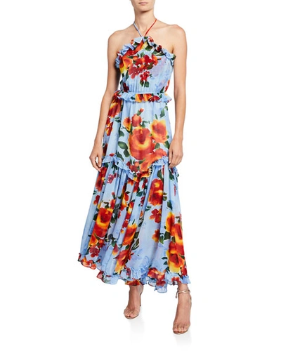 Misa Dallin Tiered Floral-print Ruffle-trim Halter Maxi Dress In Blue Pattern