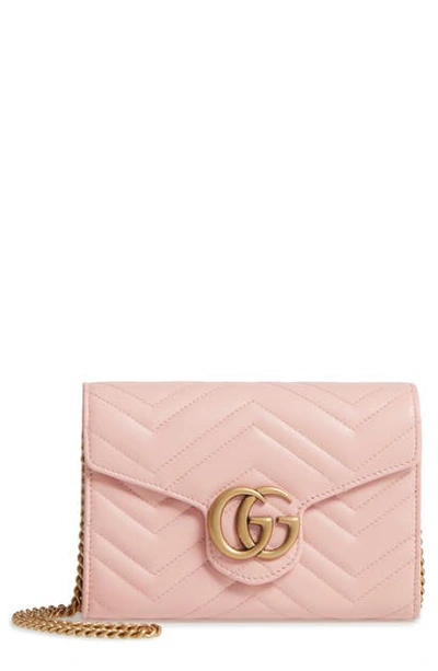 Gucci Gg Marmont Chevron Quilted Leather Flap Wallet On A Chain In Perfect Pink