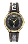 Versace V Circle Greca Leather Strap Watch, 42mm In Brown/ Black/ Gold
