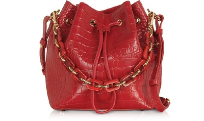 Lancaster Exotic Croco Embossed Leather Bucket Bag In Red