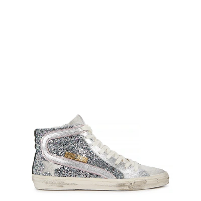 Golden Goose Slide Glittered Leather Hi-top Sneakers In Silver